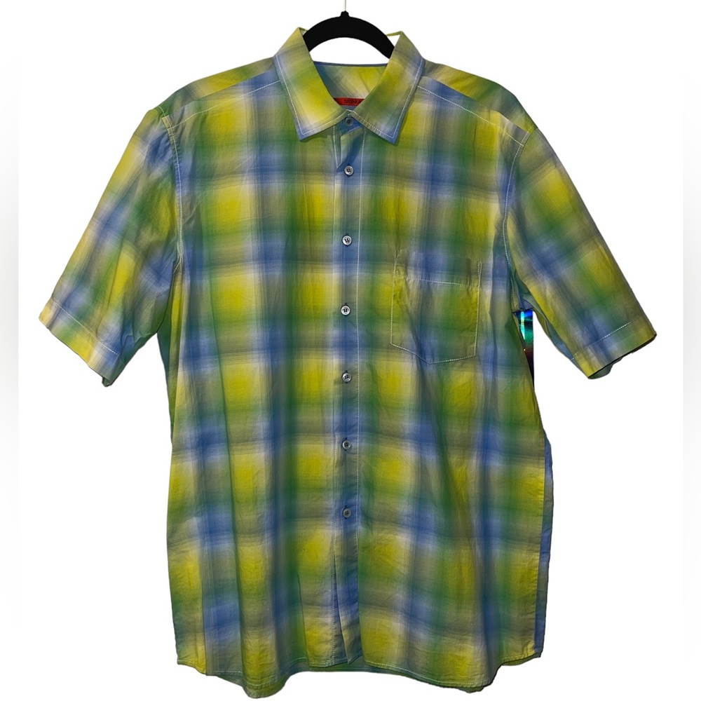 Signum European Relaxed Short Sleeve Collared Men’s Button Down Plaid Shirt - L
